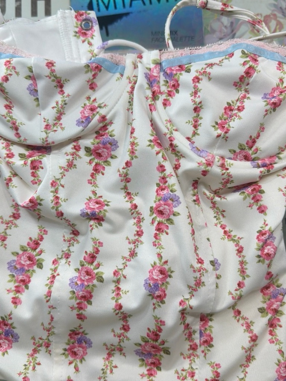 Edikted White Floral Lace-Trim Chemise with Pink & Lavender Roses